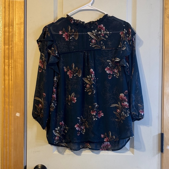Monteau Los Angeles Tops - Floral Ruffle Women's Top - Dark Green and Pink